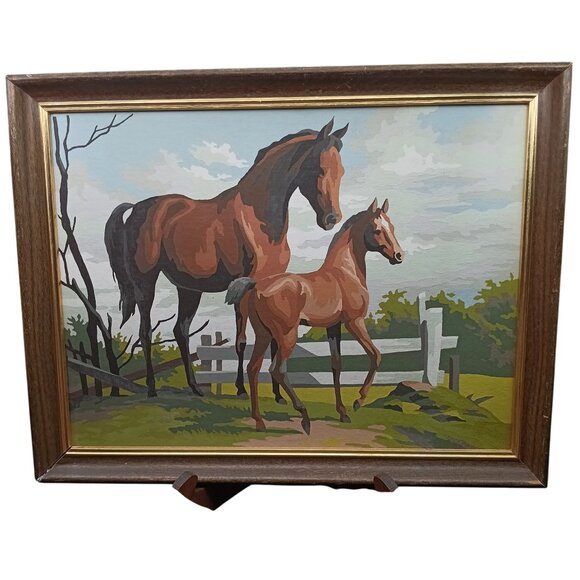 Vintage Framed Paint By Numbers Horse Art Brown Mare and Colt PBN - Picture 1 of 3